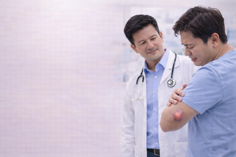 บรรยากาศการตรวจฝี หนอง และแผลติดเชื้อโดยแพทย์