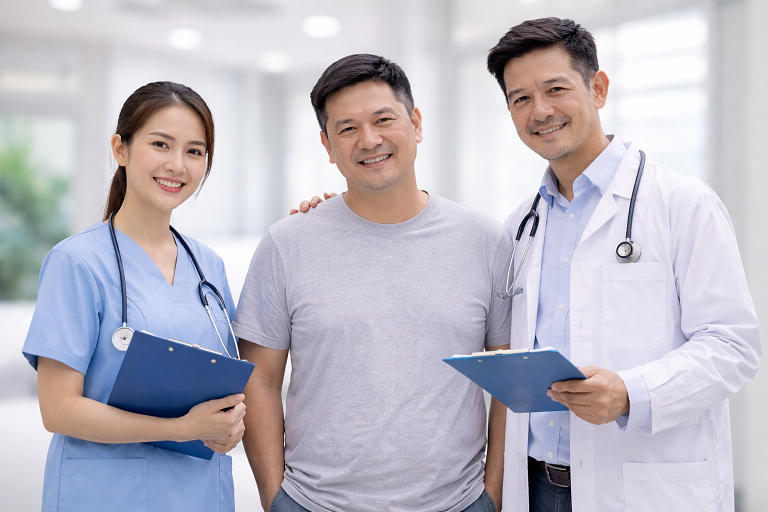 บรรยากาศการเข้ารับบริการและการติดต่อเพื่อนัดหมายตรวจผิวหนัง (ภาพสมจริง ไม่มีตัวหนังสือ)